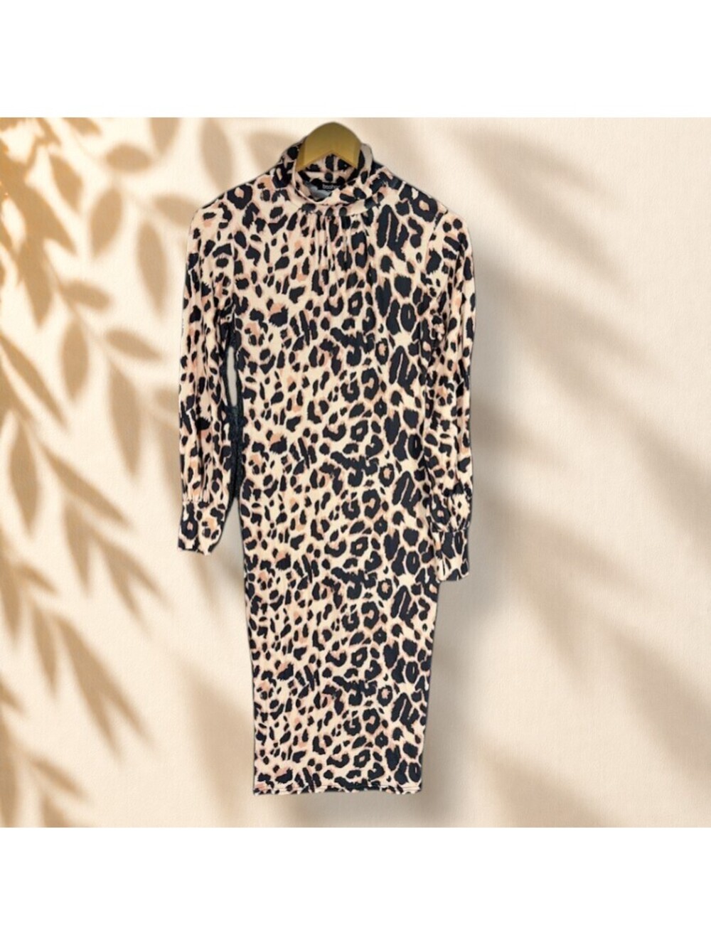 Boohoo Dress Women 4 Beige Animal Print Shift Midi Long Sleeve High Neck Casual
